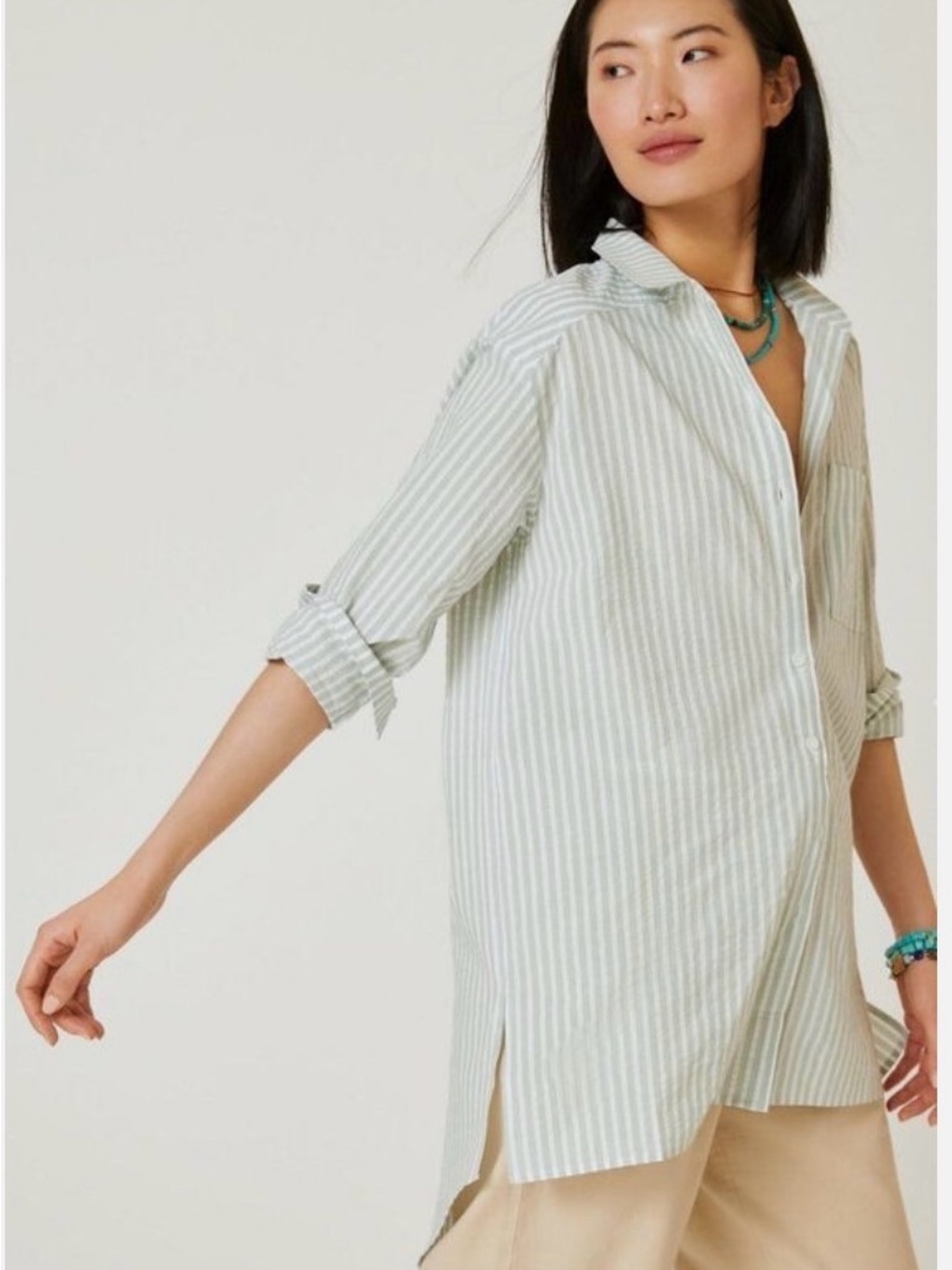 Anthropologie - Light Green and white Stripe Long Button down